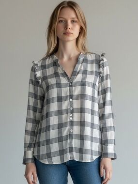 J.Crew Navy White Ruffle‎ Button-Down Shirt Medium